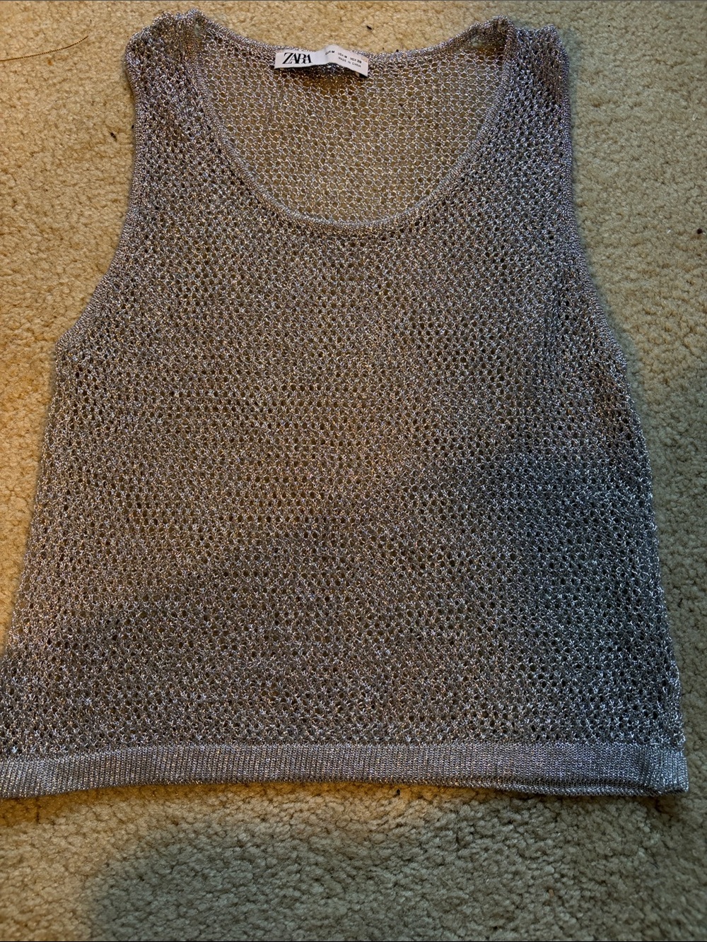Zara Silver Open-Knit Metallic Tank Top